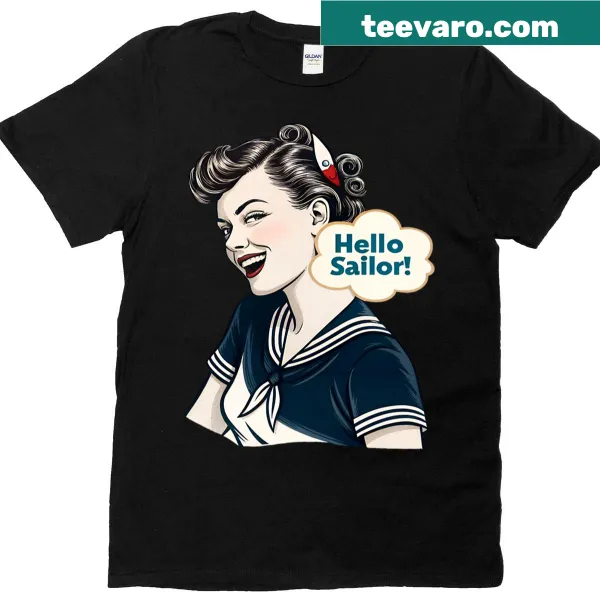 Retro 50s t-shirt featuring a pin-up hairstyle and winking illustration