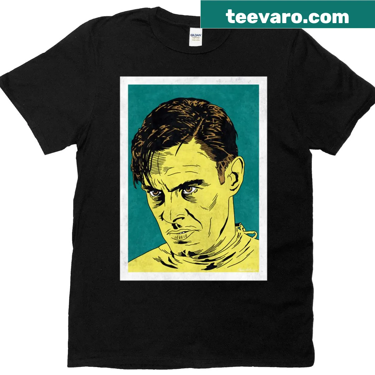 Pop art t-shirt featuring Henry Frankenstein from classic horror films — on a men's t-shirt