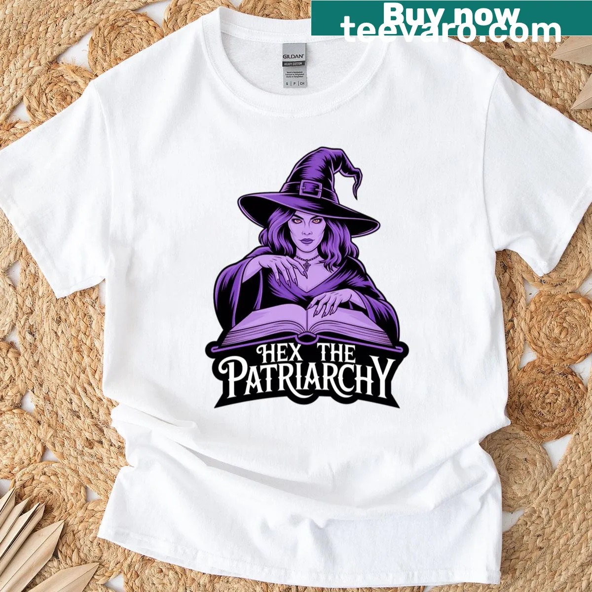 Bold witch illustration with feminist message on T-shirt — on a men's t-shirt
