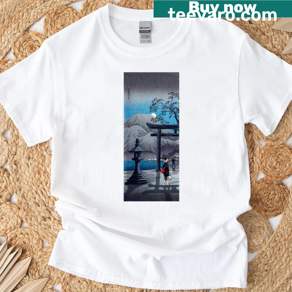 Artistic illustration of Hakone Lake under moonlight on a tee — on a men's t-shirt