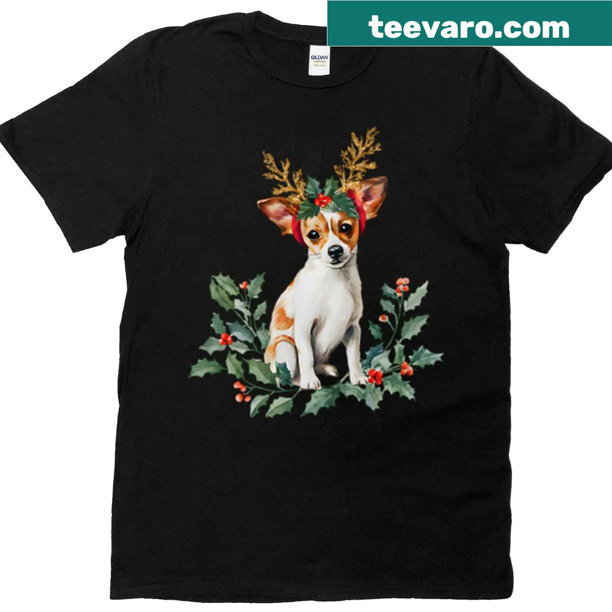 Cute illustration of a dog with floral antlers for Christmas — on a men's t-shirt