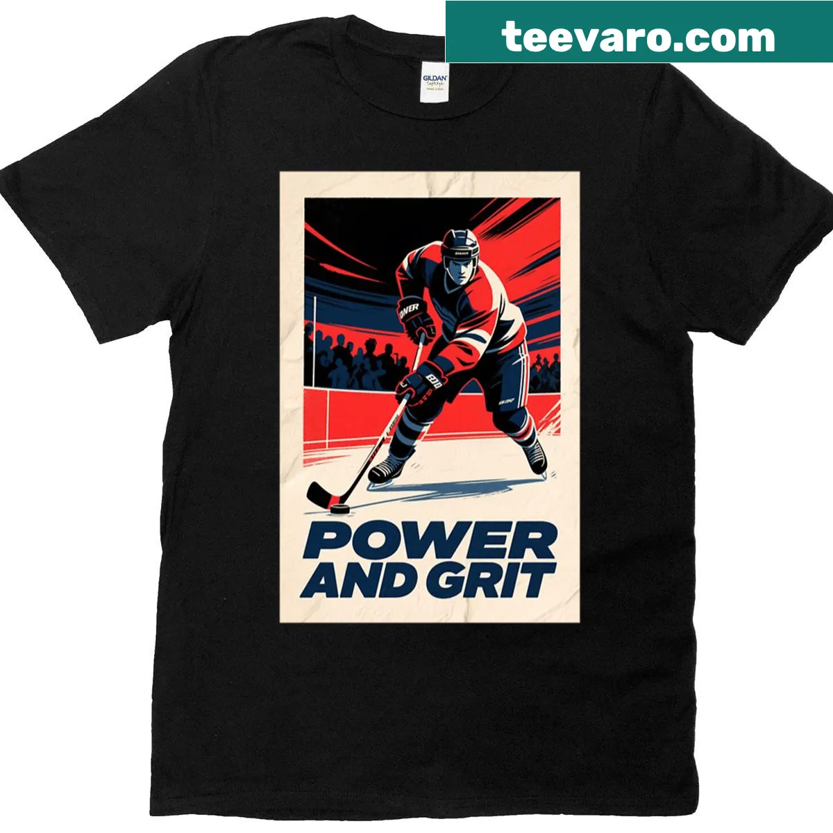 Inspirational hockey player t-shirt with power and grit text — on a men's t-shirt