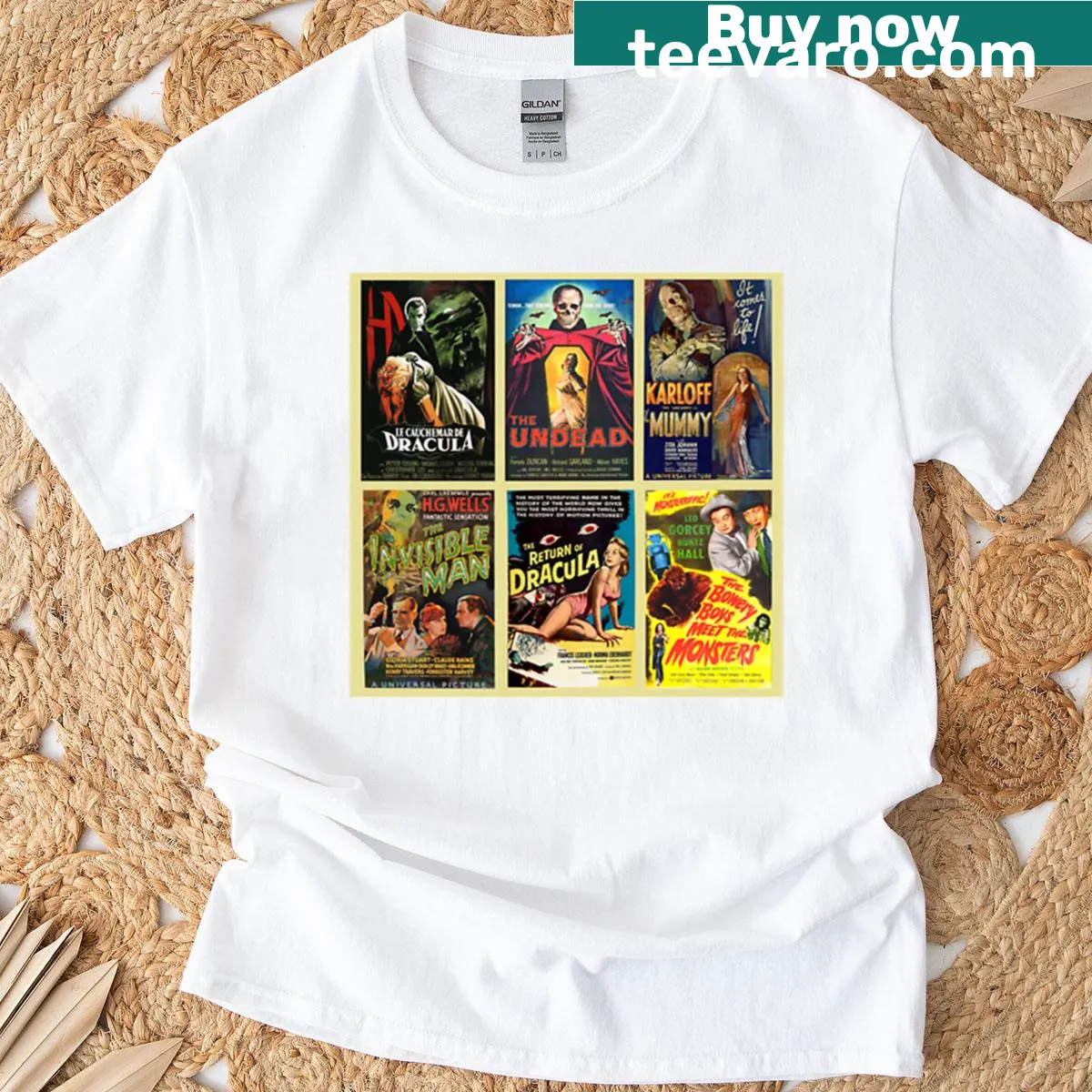 Vintage-style horror movie graphic on a distressed t-shirt — on a men's t-shirt