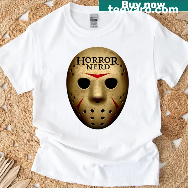 Cartoon-style Jason mask graphic on a horror-themed tee
