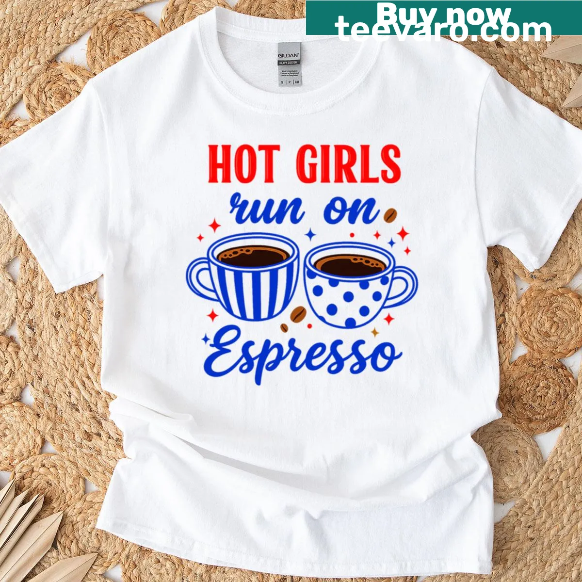 Fun typography t-shirt with 'Hot Girls Run On Espresso' text — on a men's t-shirt
