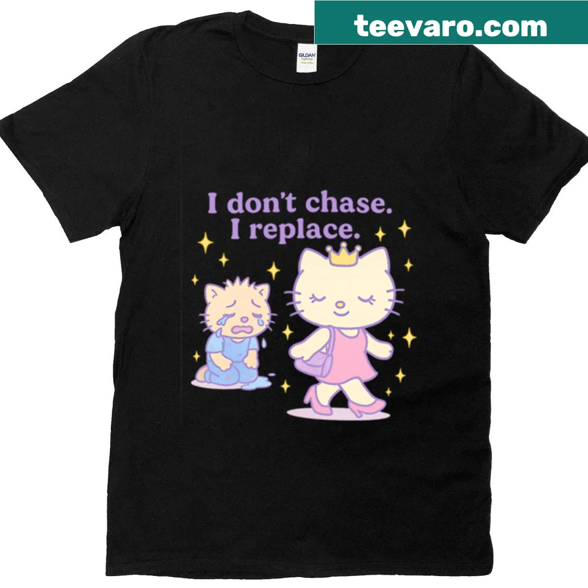 Funny t-shirt with text saying I Don't Chase I Replace — on a men's t-shirt