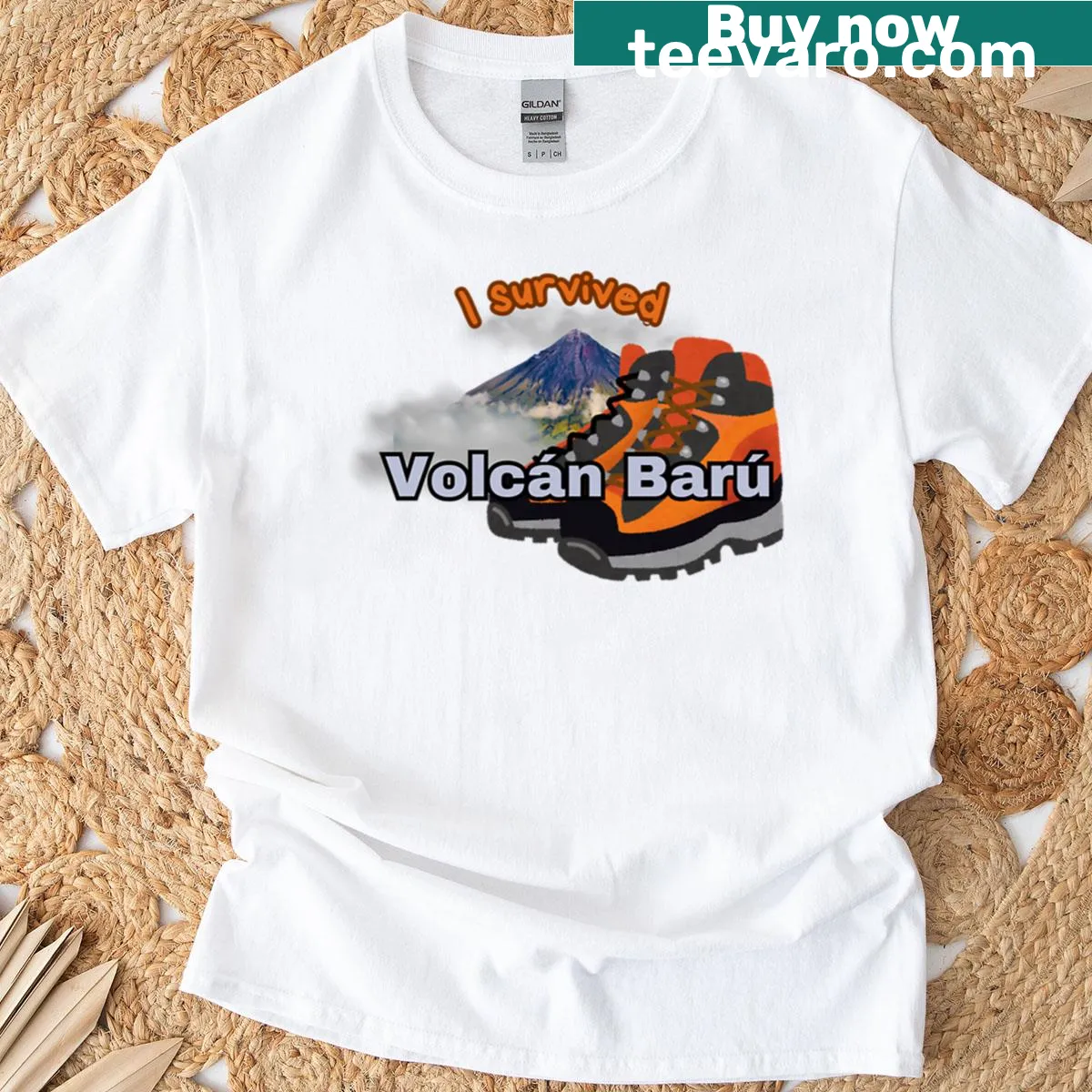 Illustrated design of Volcan Baru with text 'I Survived' — on a men's t-shirt