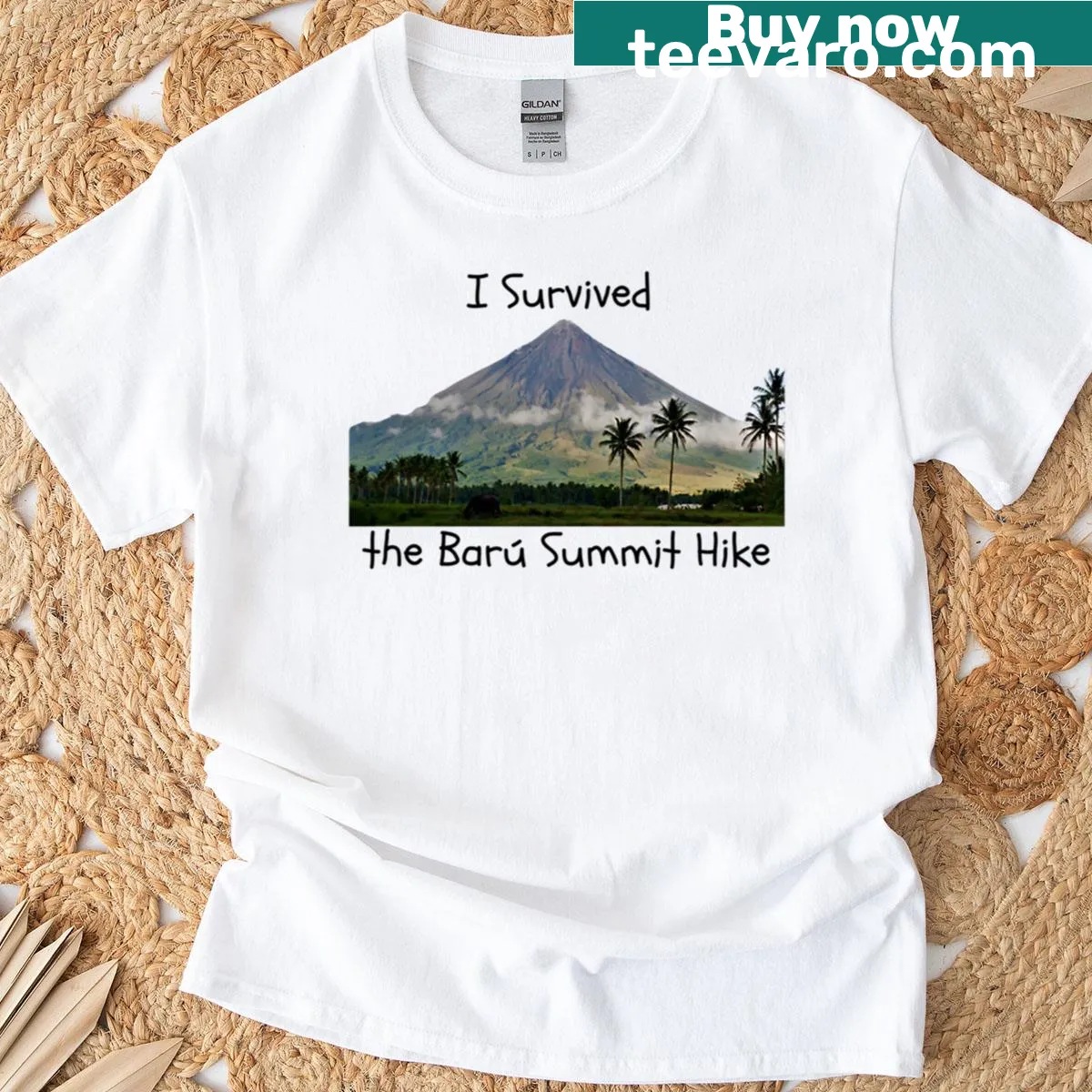 T-shirt celebrating the summit of Volcan Baru with 'I Survived' text — on a men's t-shirt