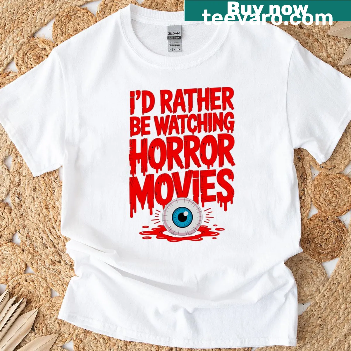 Grunge horror movie fan T-shirt with bold red text — on a men's t-shirt