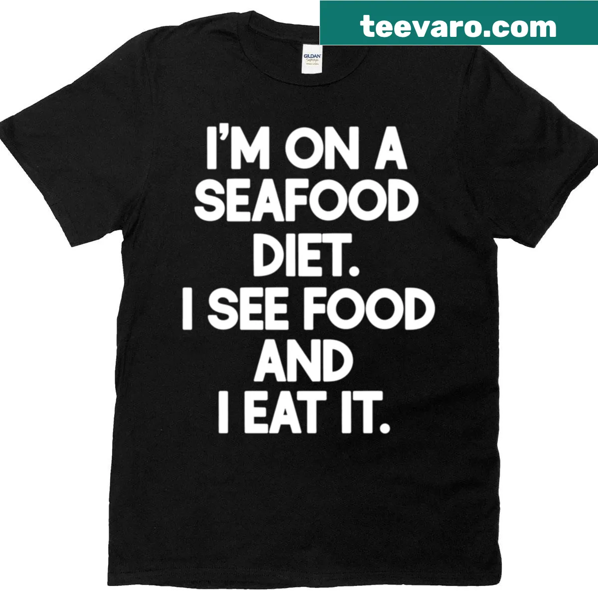 Funny seafood diet quote t-shirt with clever text — on a men's t-shirt