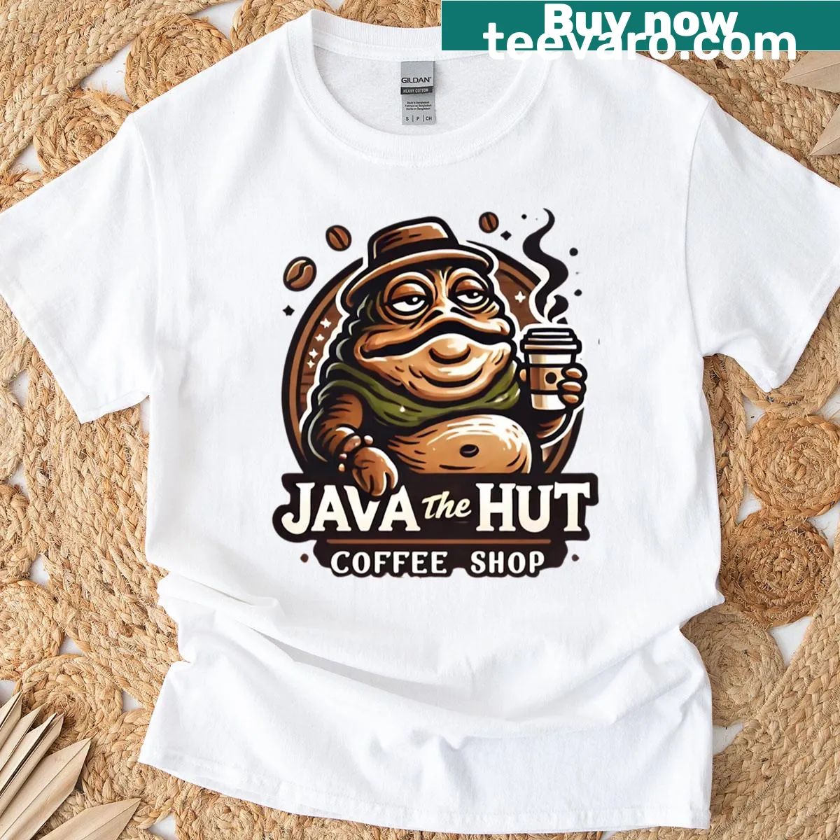 Coffee-themed T-shirt featuring a pun on Java and a character — on a men's t-shirt
