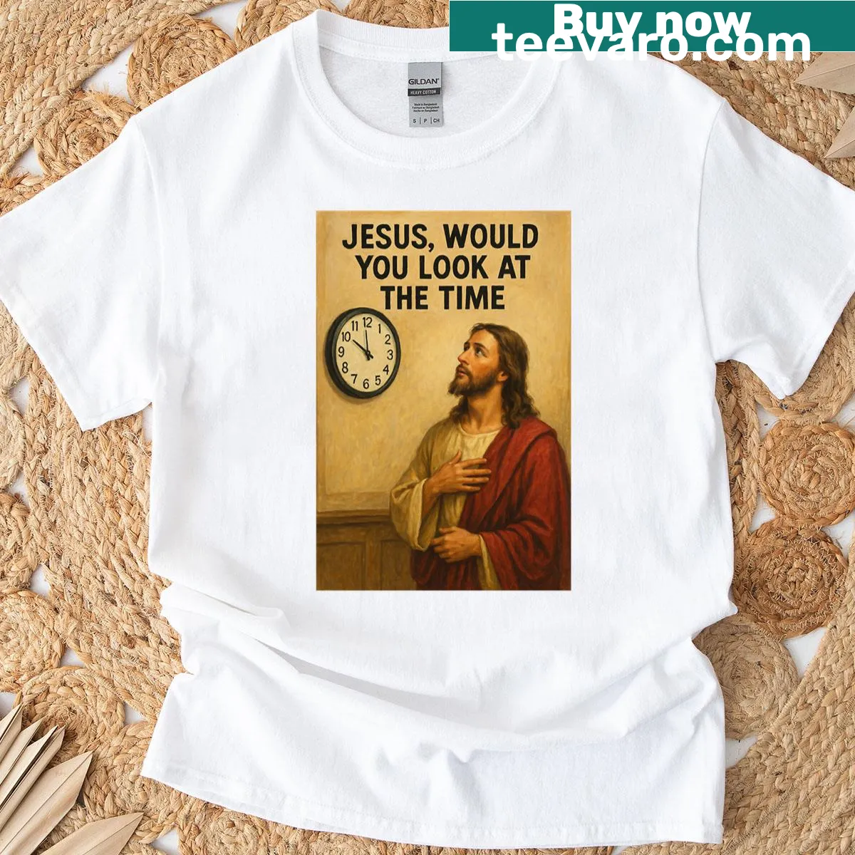 T-shirt with the phrase 'Jesus Would You Look At The Time' in stylish typography — on a men's t-shirt