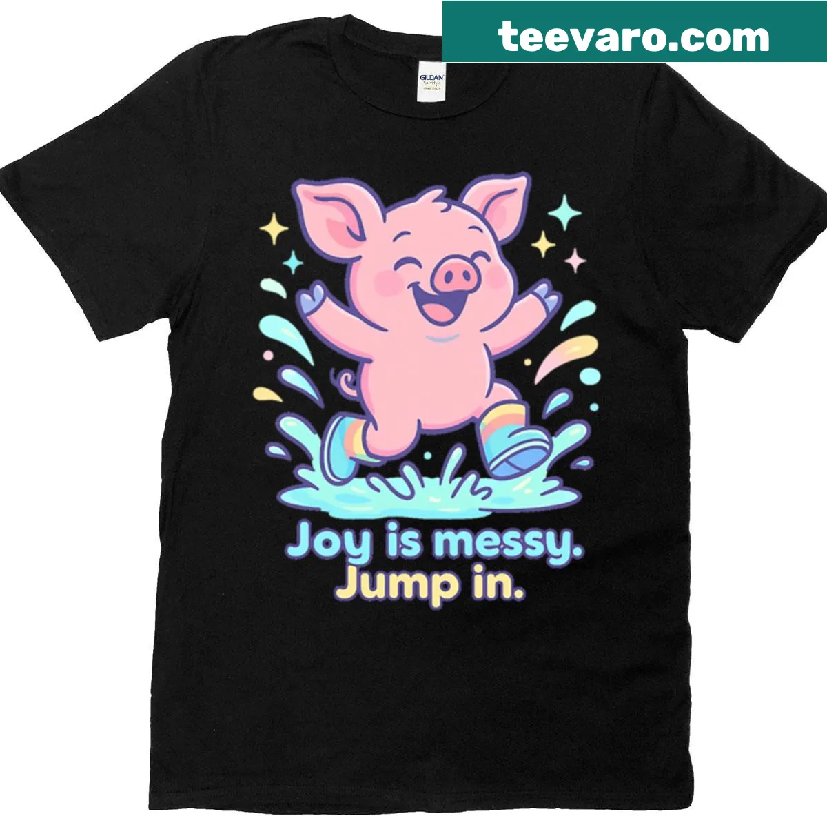 Cartoon design of Piglet with text 'Joy Is Messy' on a T-shirt. — on a men's t-shirt