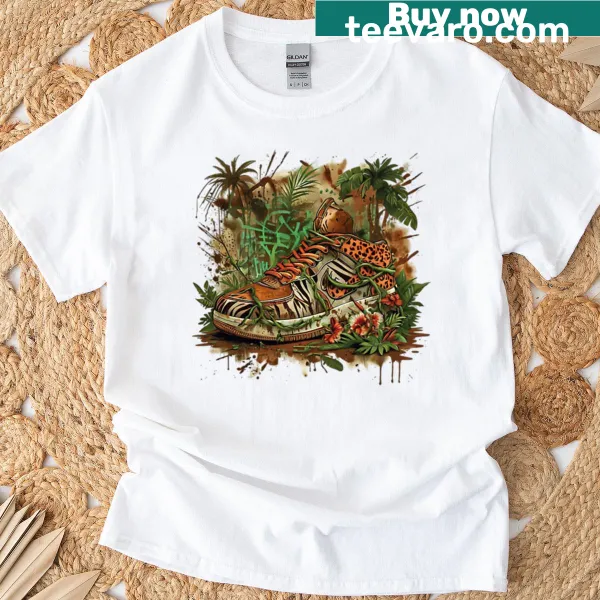 Jungle-themed T-shirt with animal illustrations and sneaker graphics