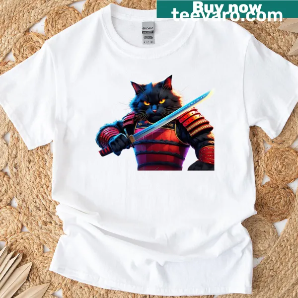 Samurai cat with katana in anime style T-shirt