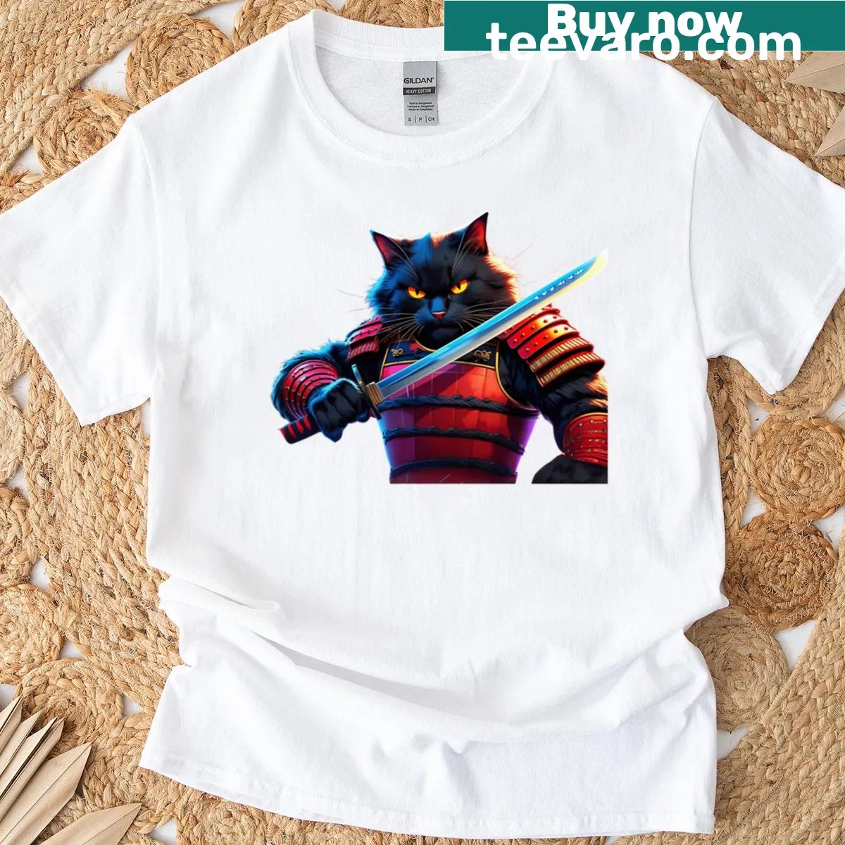 Samurai cat with katana in anime style T-shirt — on a men's t-shirt