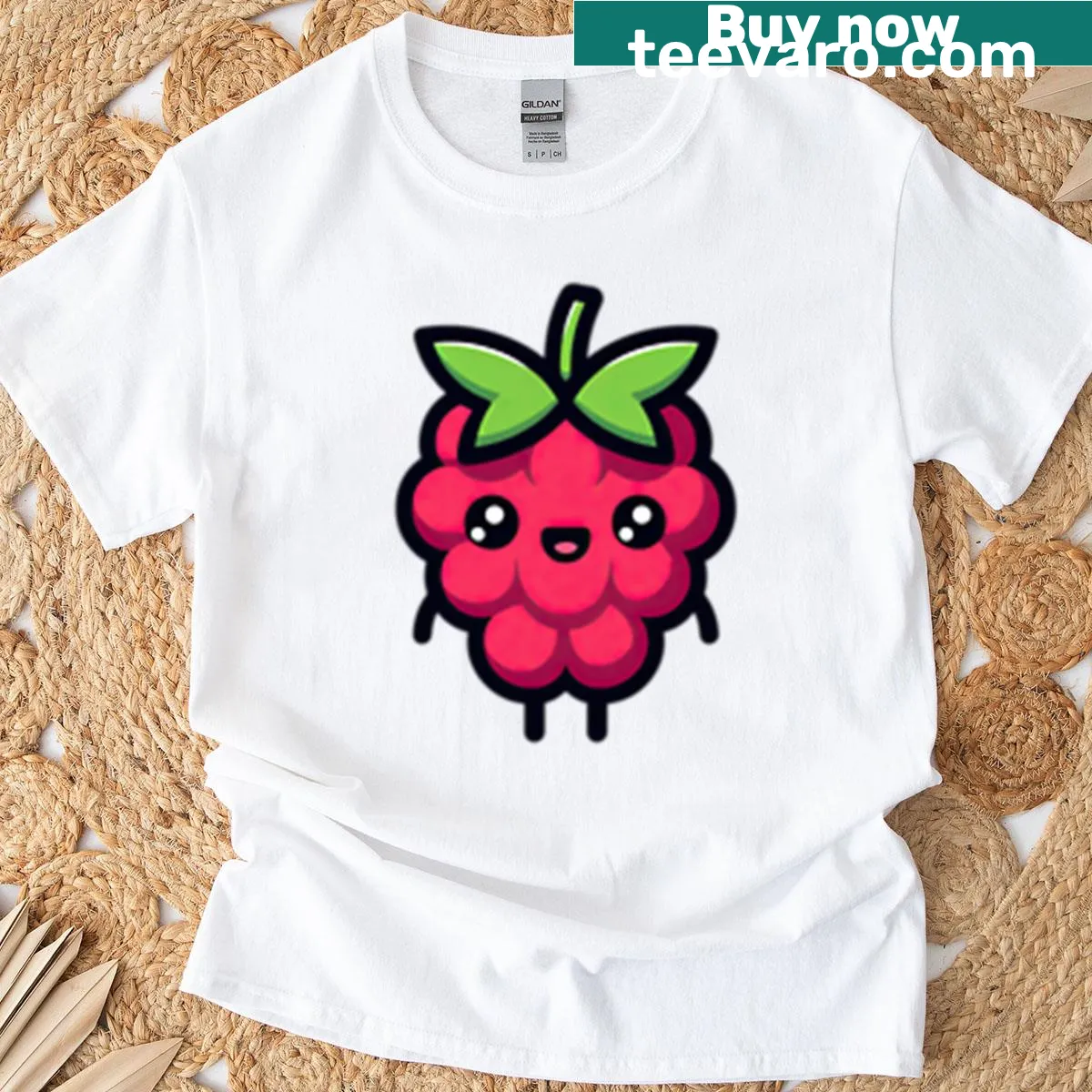 Cute T-shirt featuring a cartoon raspberry character with big eyes. — on a men's t-shirt