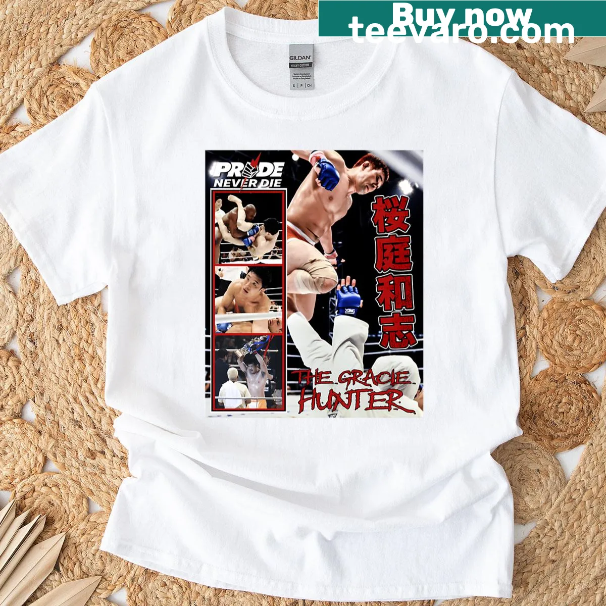 Vintage-style T-shirt honoring Kazushi Sakuraba with bold graphics. — on a men's t-shirt
