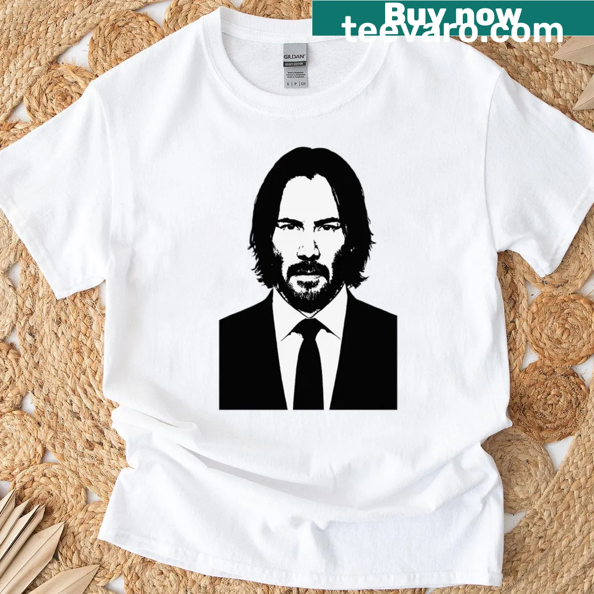 Bold stencil art portrait of Keanu Reeves on a T-shirt. — on a men's t-shirt