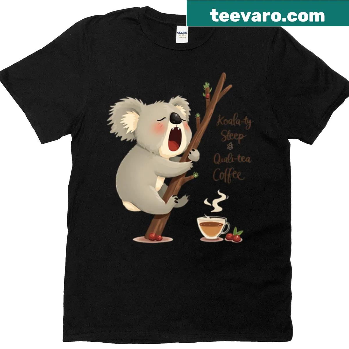 Illustrative t-shirt featuring a sleepy koala and the phrase 'Koala-ty Sleep Quali-tea Coffee.' — on a men's t-shirt