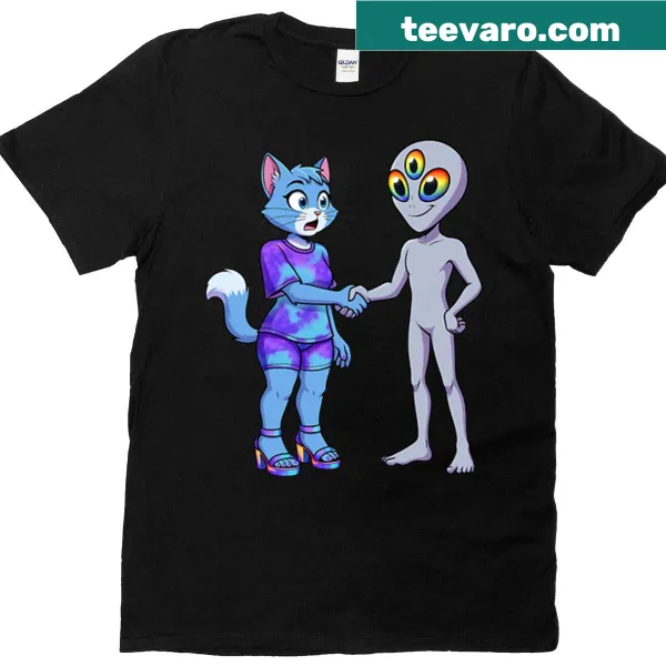 Illustrated t-shirt of Koshka Cat and a rainbow alien