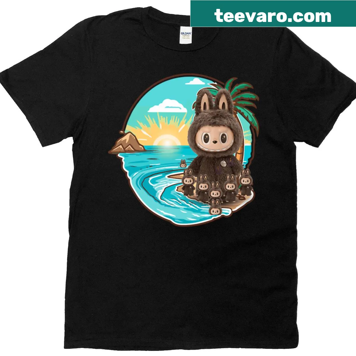 Illustration of Labubu on vacation with children, emphasizing family bonding — on a men's t-shirt