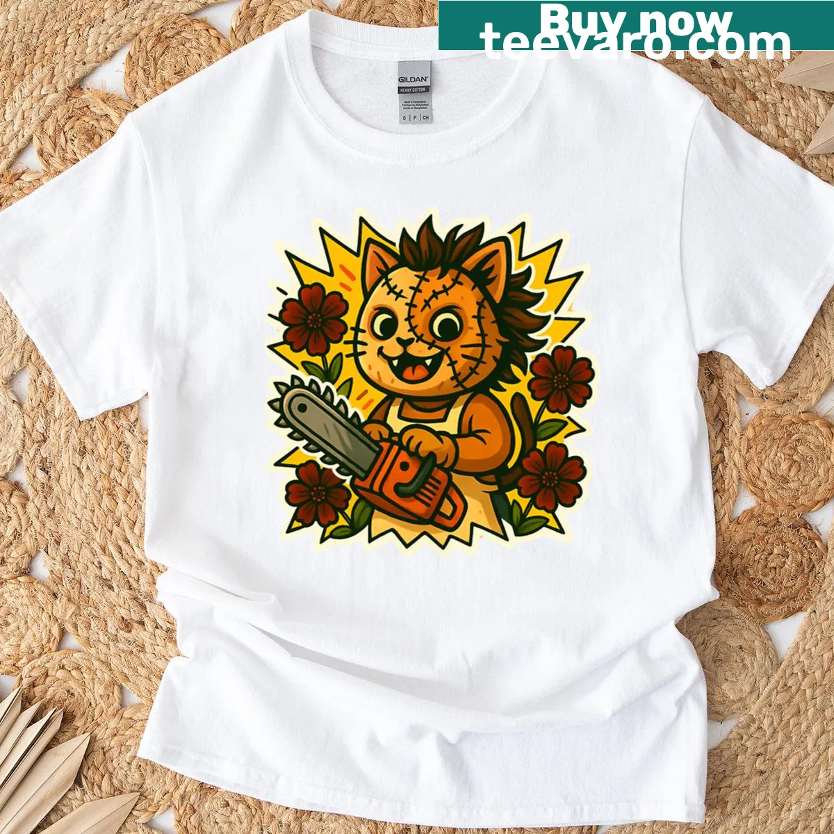 Cartoon T-shirt featuring a playful kitty with horror motifs — on a men's t-shirt
