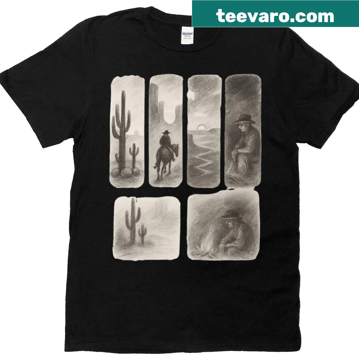 Vintage-style tee with scenes from the Old West, capturing frontier life — on a men's t-shirt