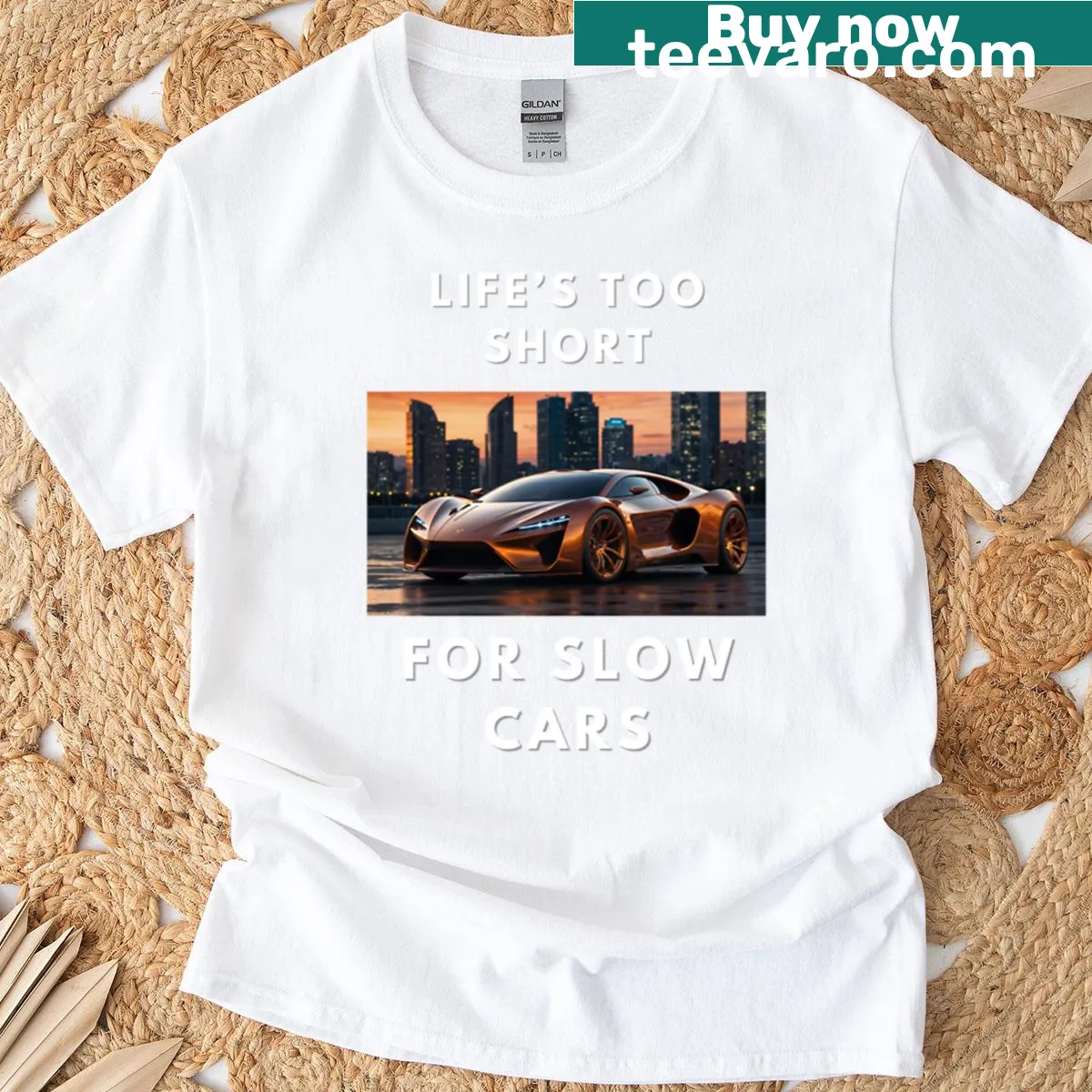 Sports car-themed T-shirt with bold typography — on a men's t-shirt