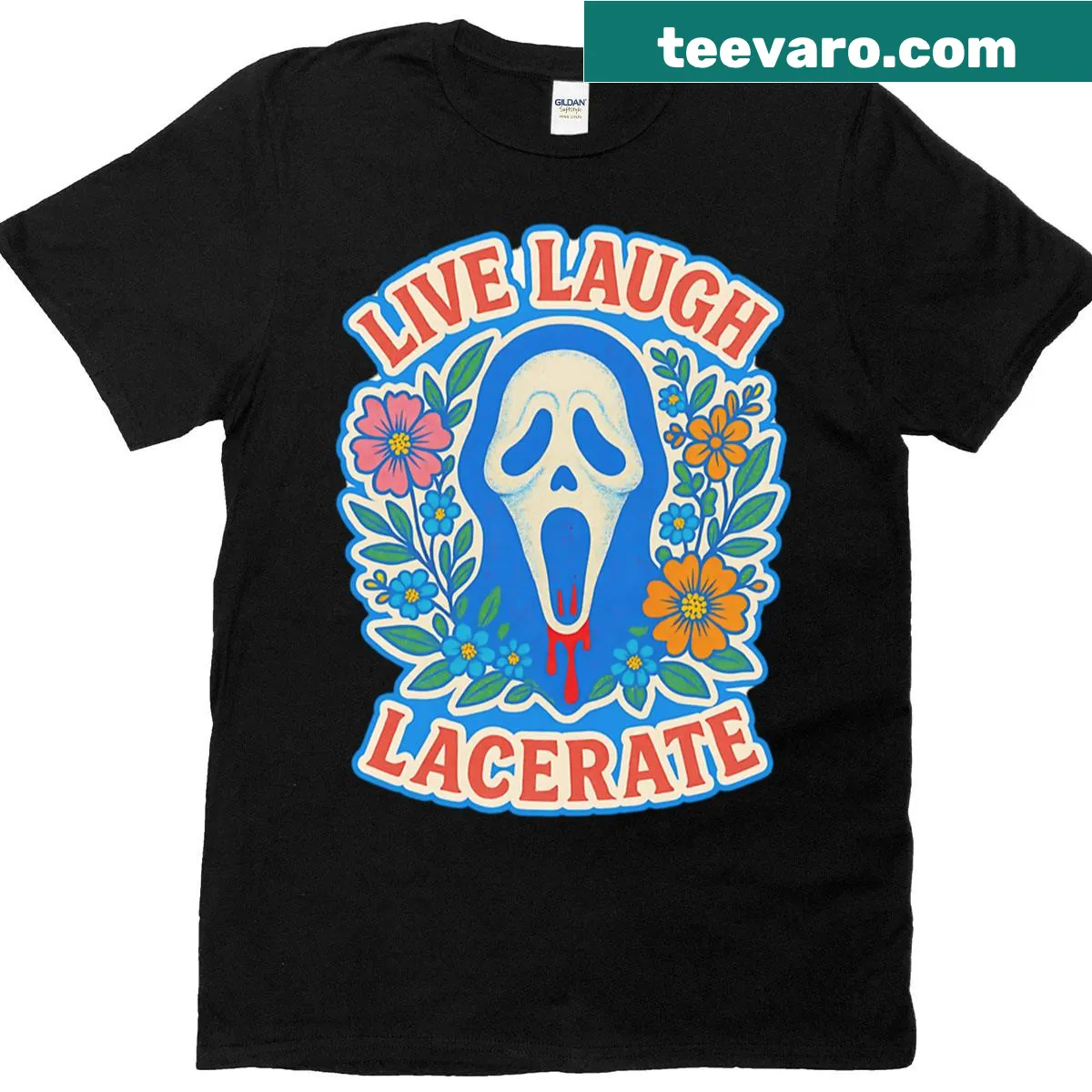 Bold typography saying 'Live Laughter Lacerate' for an edgy look — on a men's t-shirt