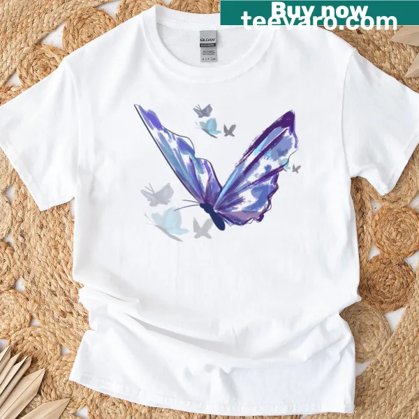 Illustrated T-shirt featuring delicate butterflies in flight.