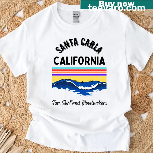 Nostalgic T-shirt inspired by 'Lost Boys' with surf and bloodsucker theme