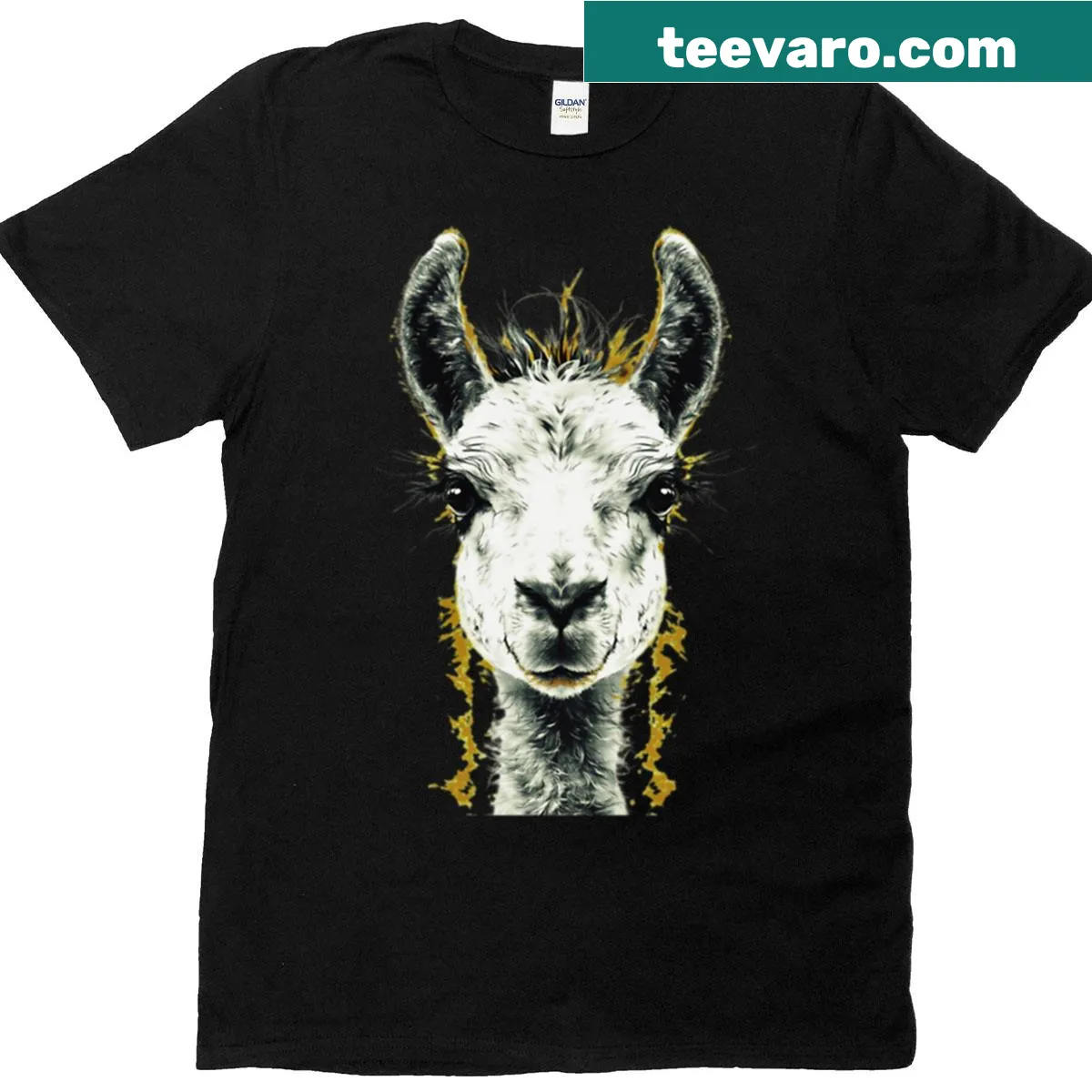 Cartoon llama graphic t-shirt with fun lettering — on a men's t-shirt