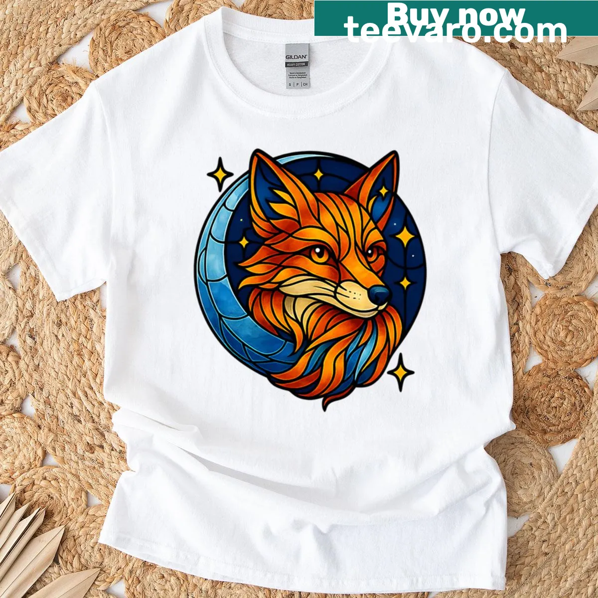 Stained glass art featuring a lunar fox design on a T-shirt — on a men's t-shirt