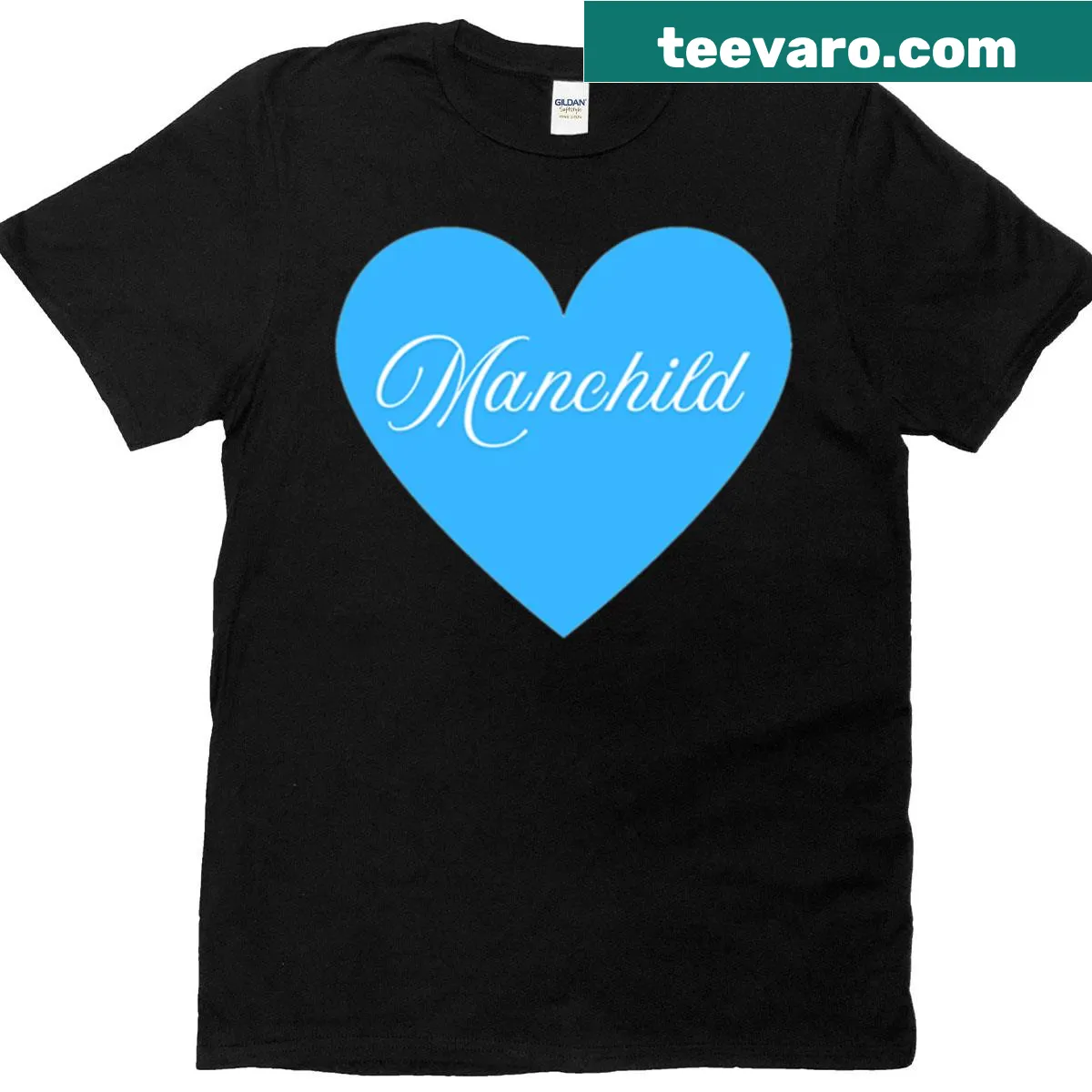 Funny T-shirt with 'Man Child' graphic and blue heart — on a men's t-shirt