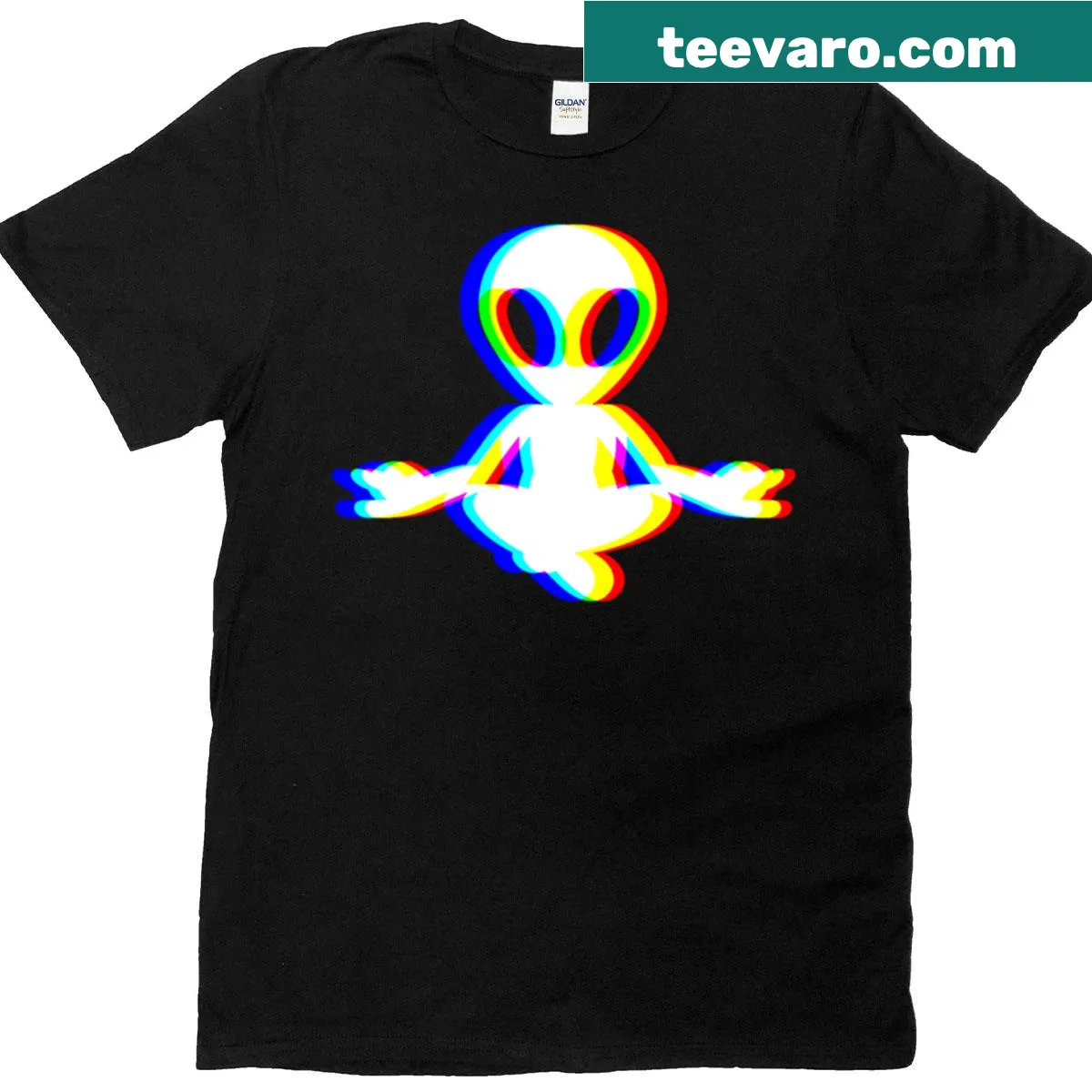 Sci-fi t-shirt with meditating alien in glitch style — on a men's t-shirt