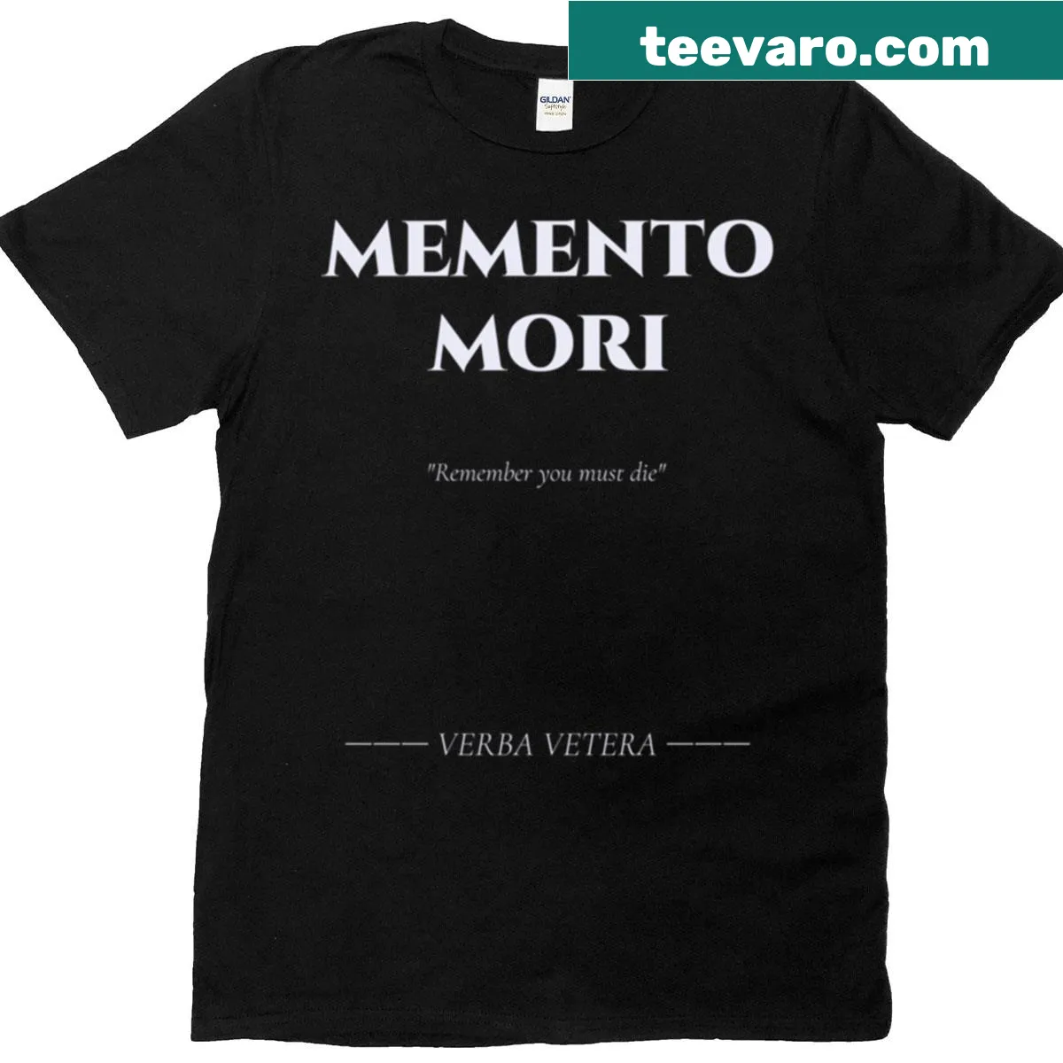 Minimal T-shirt with 'Memento Mori' phrase in simple typography — on a men's t-shirt