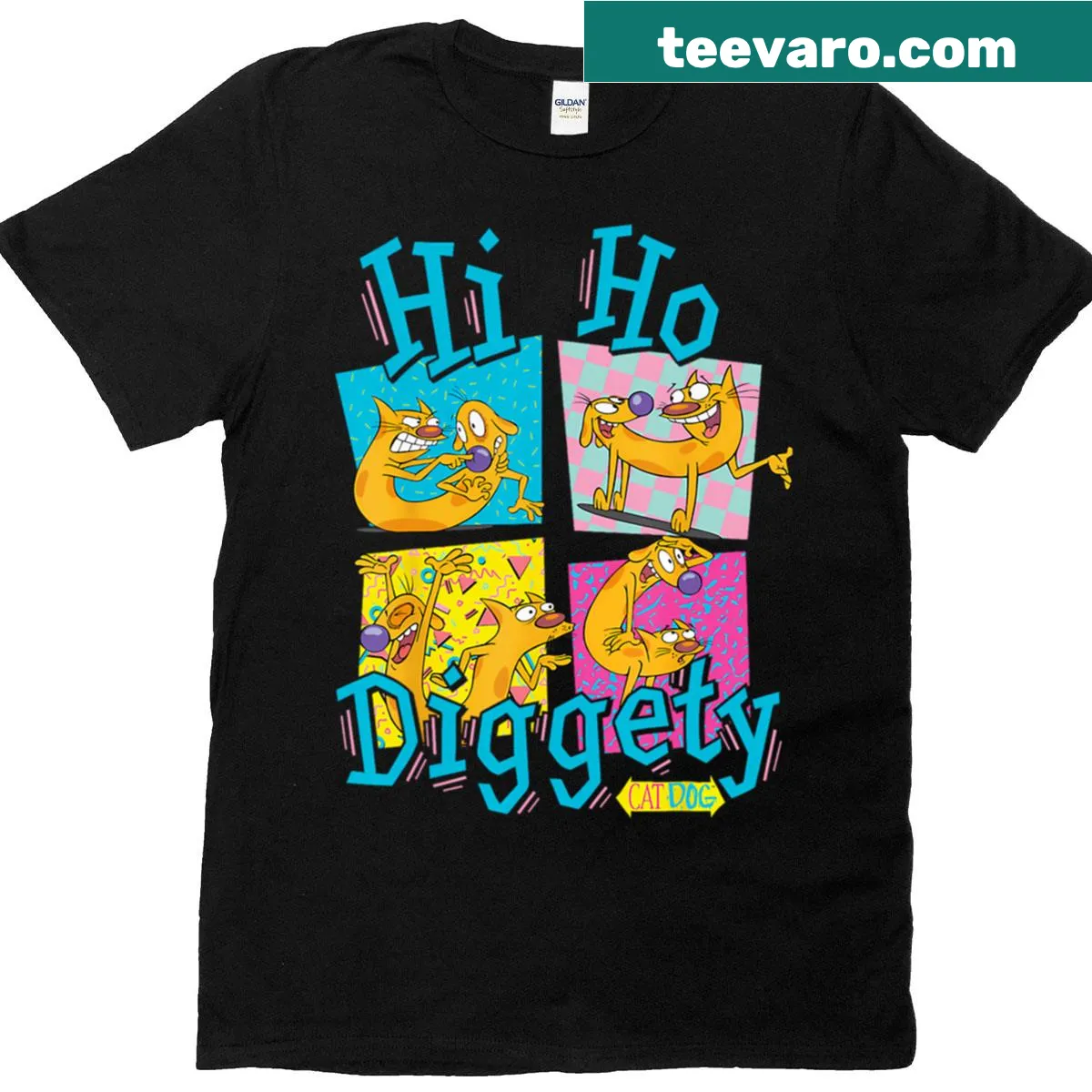 Funny vintage cartoon t-shirt with cat and dog graphics — on a men's t-shirt