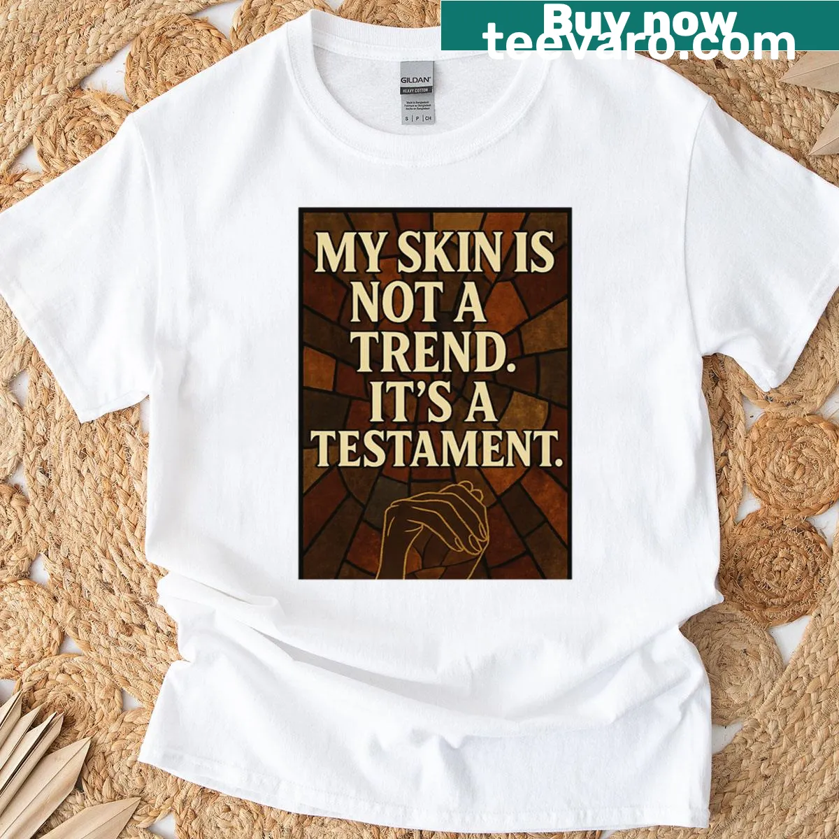 Illustrative T-shirt celebrating melanin pride and Juneteenth. — on a men's t-shirt