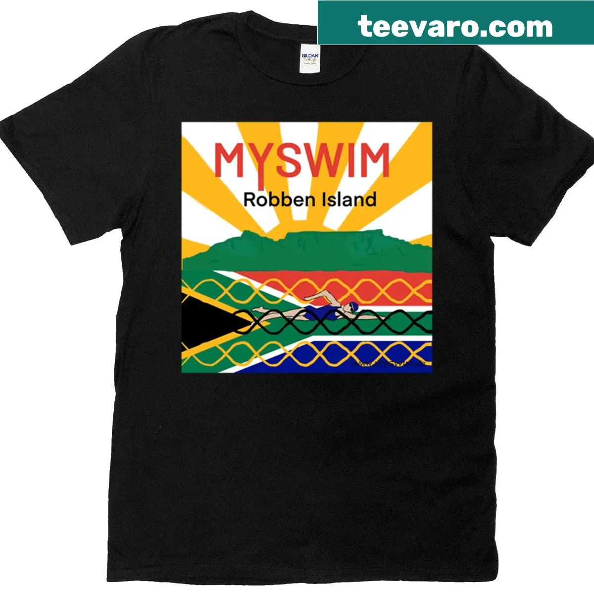 T-shirt featuring an illustration of Robben Island, symbolizing travel and swimming. — on a men's t-shirt