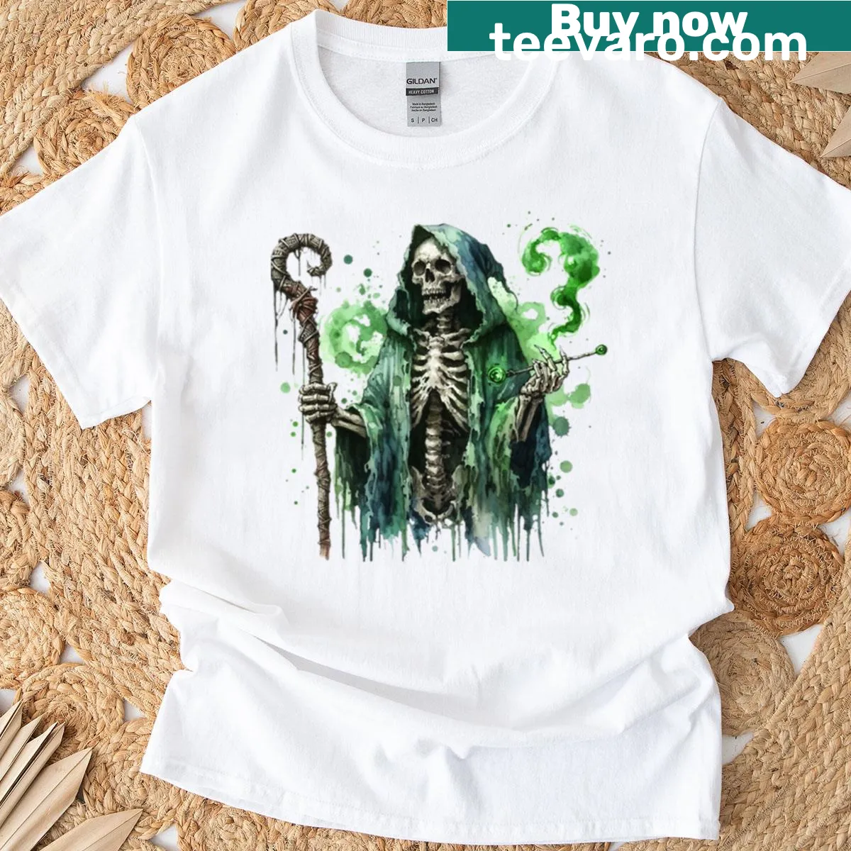 Intricate necromancer illustration on a fantasy horror T-shirt — on a men's t-shirt