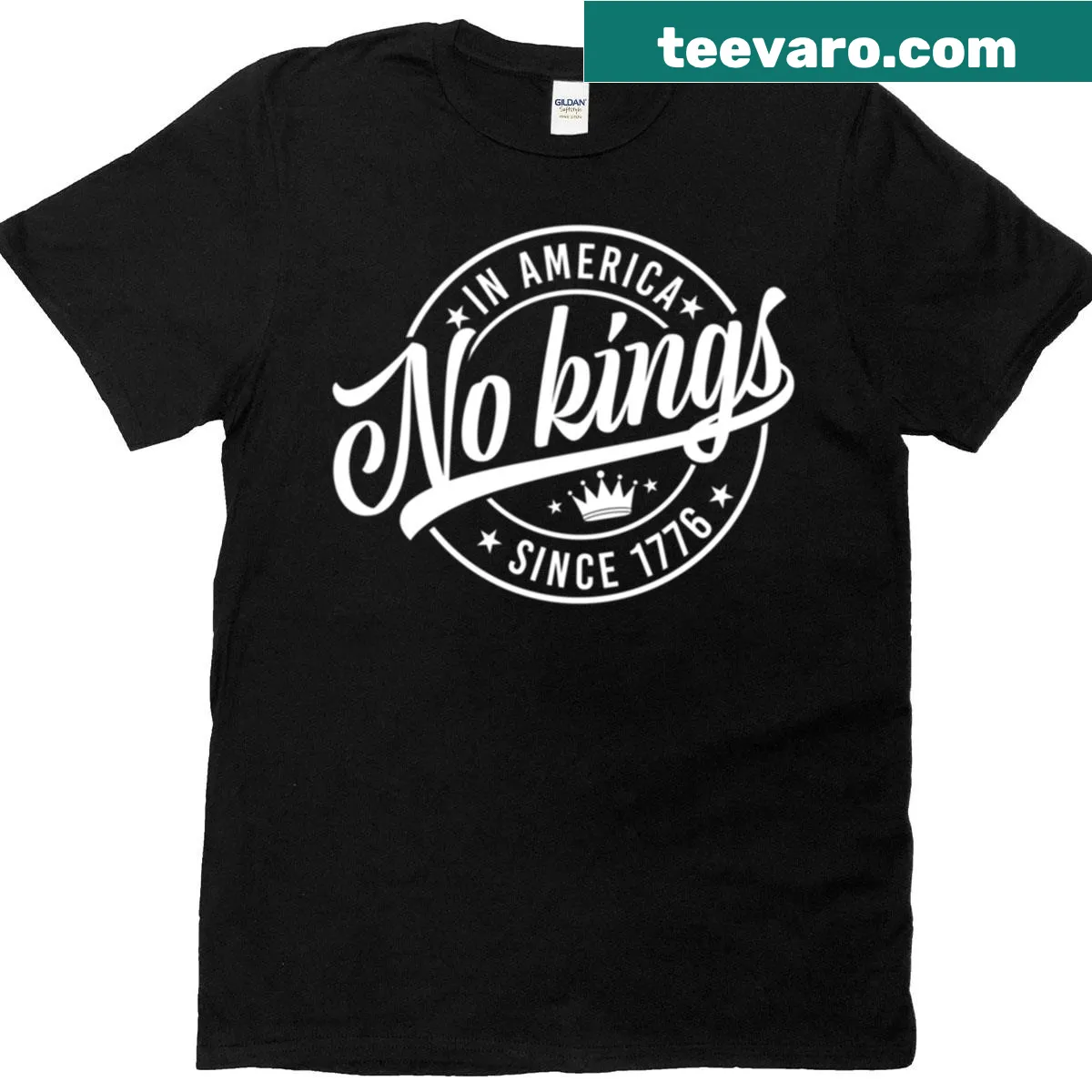 Patriotic T-shirt declaring "No Kings In America Since 1776". — on a men's t-shirt