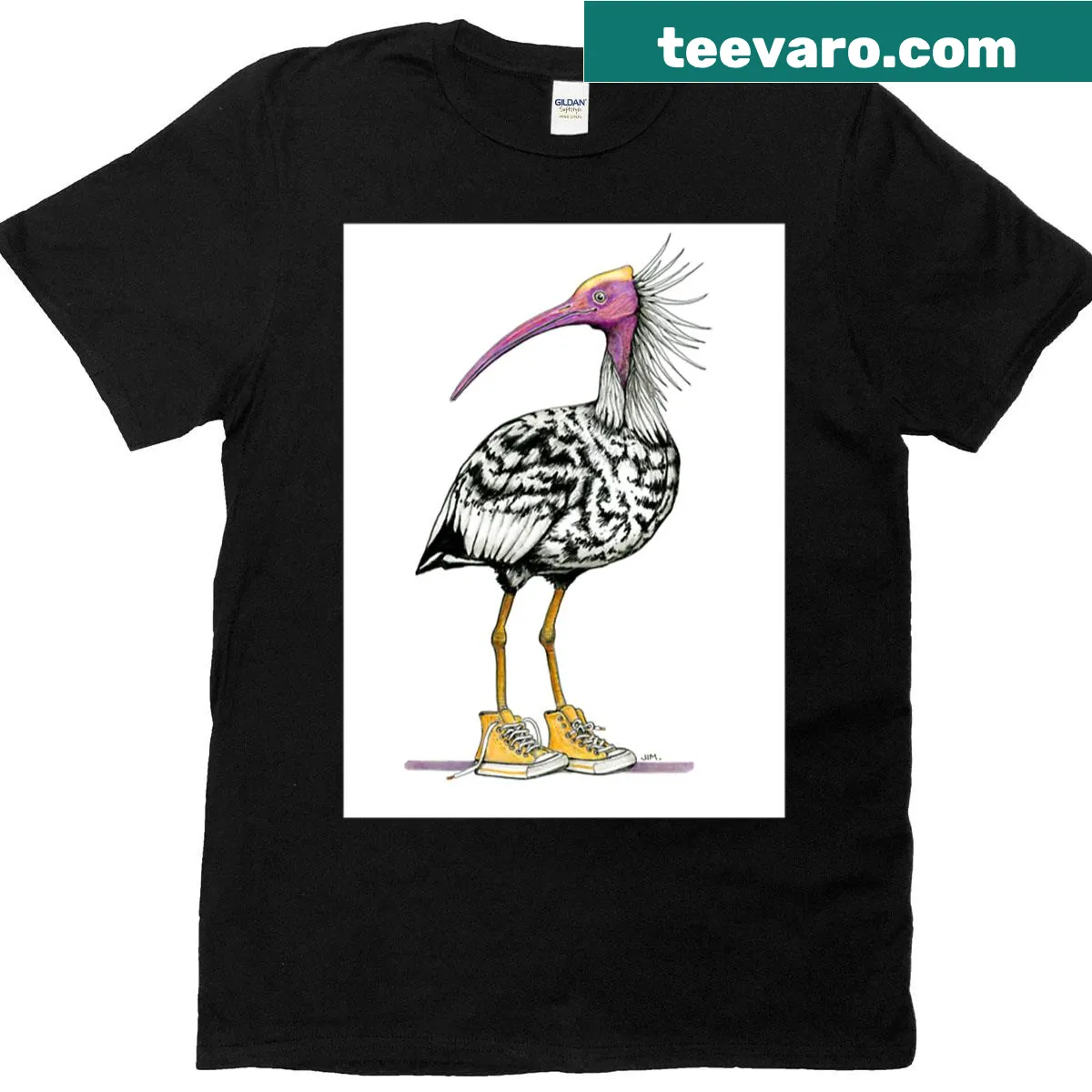 Illustration of a Northern Bald Ibis wearing high tops on a t-shirt. — on a men's t-shirt