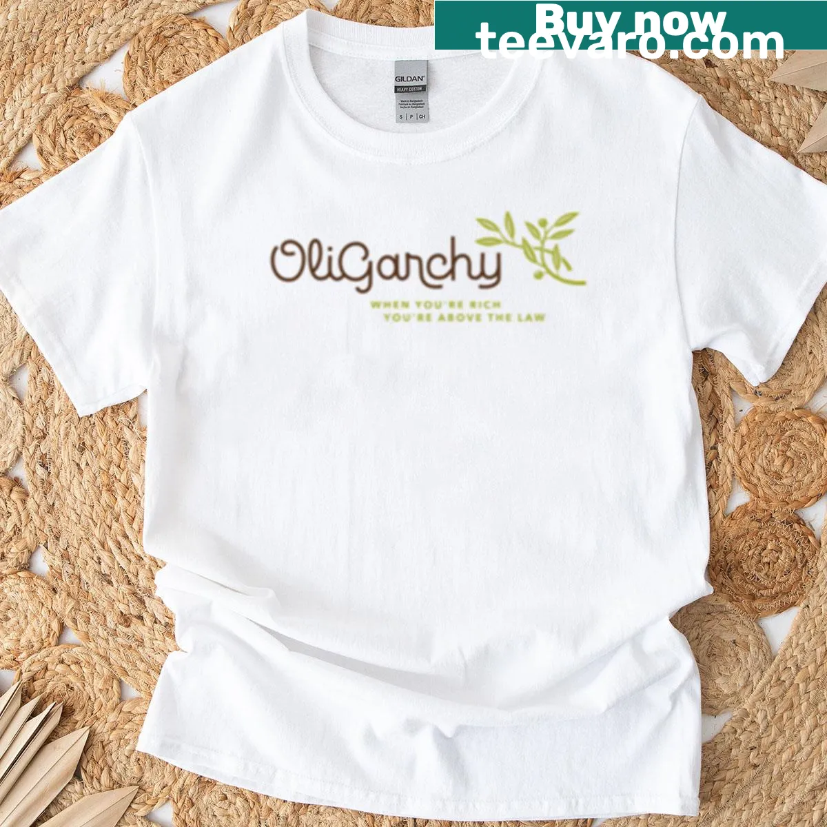 Sarcastic Oligarchy text printed on a T-shirt — on a men's t-shirt