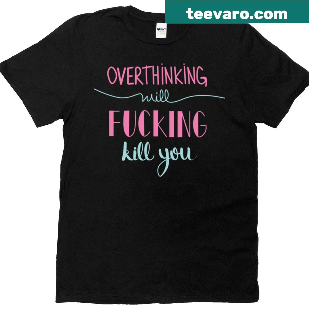 Sarcastic overthinking warning quote printed on a bold T-shirt — on a men's t-shirt