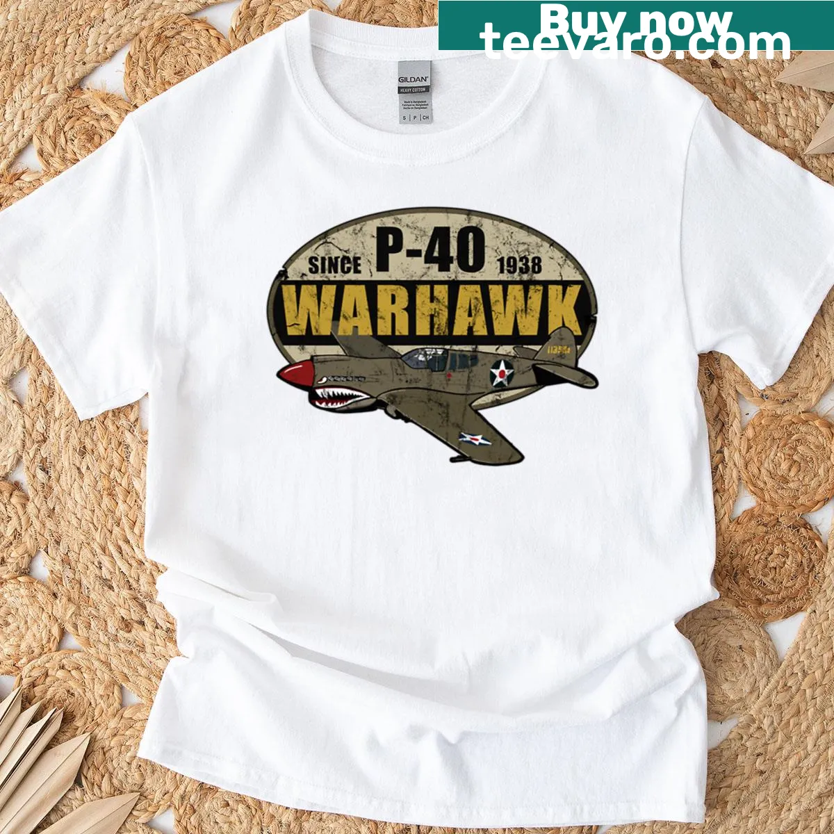 Vintage-style T-shirt featuring P-40 Warhawk aircraft design — on a men's t-shirt
