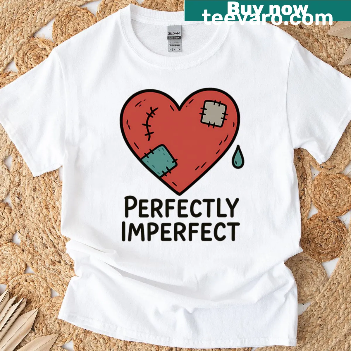 T-shirt with a patched heart design promoting self-love and acceptance. — on a men's t-shirt