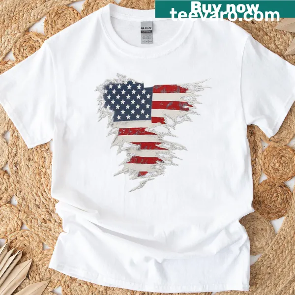 Distressed American flag graphic on a vintage-style T-shirt.