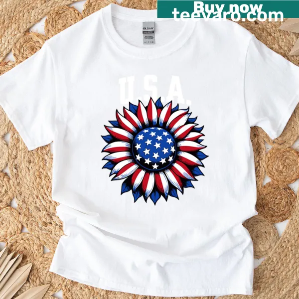 T-shirt featuring a sunflower design in red, white, and blue for the 4th of July.