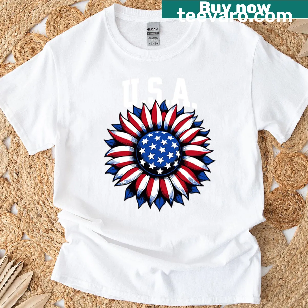 T-shirt featuring a sunflower design in red, white, and blue for the 4th of July. — on a men's t-shirt